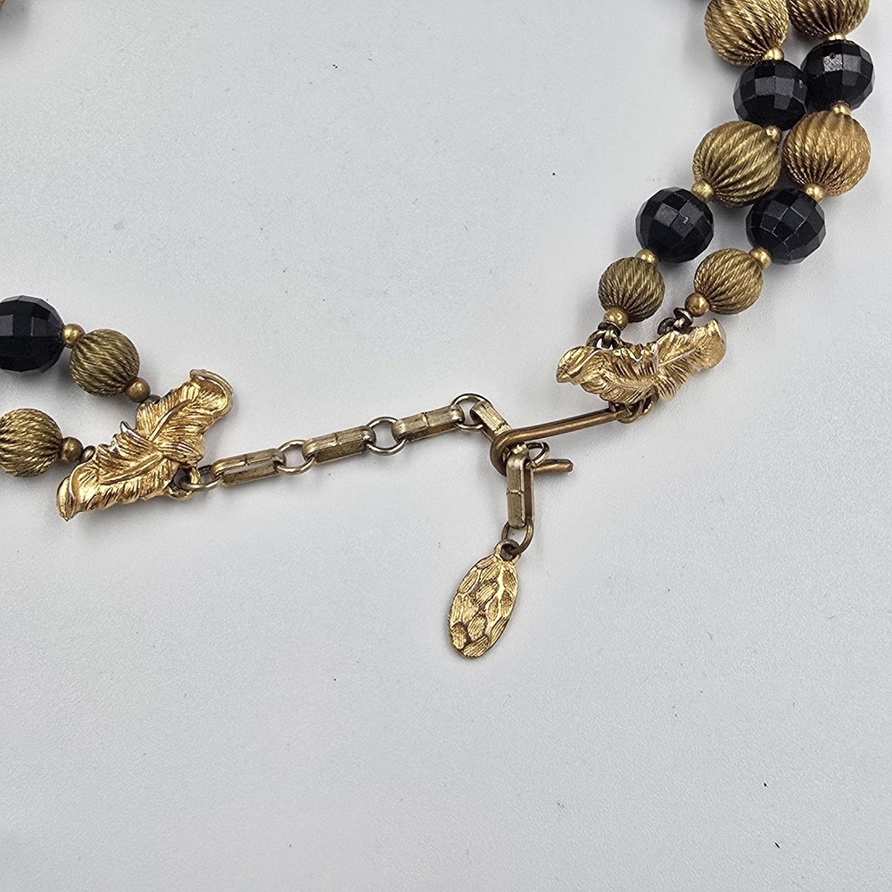 Vintage Black and Gold tone Bead Necklace Double Strand Faceted Classic Dressy - Picture 7 of 9